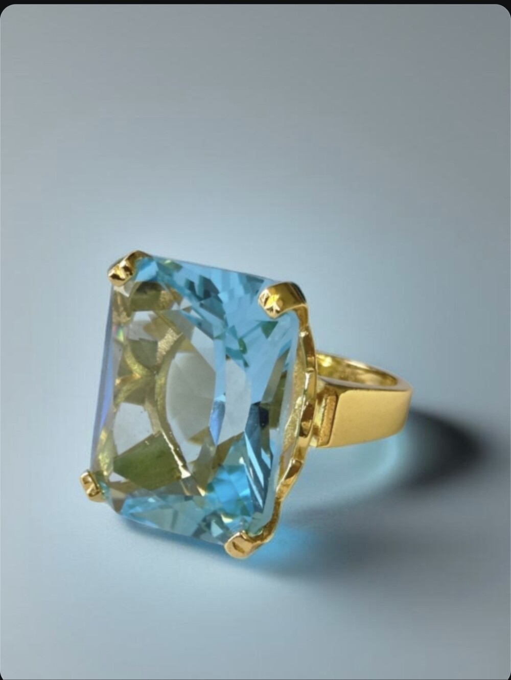 18k Gold Plated Oversized Aquamarine Crystal Statement Ring